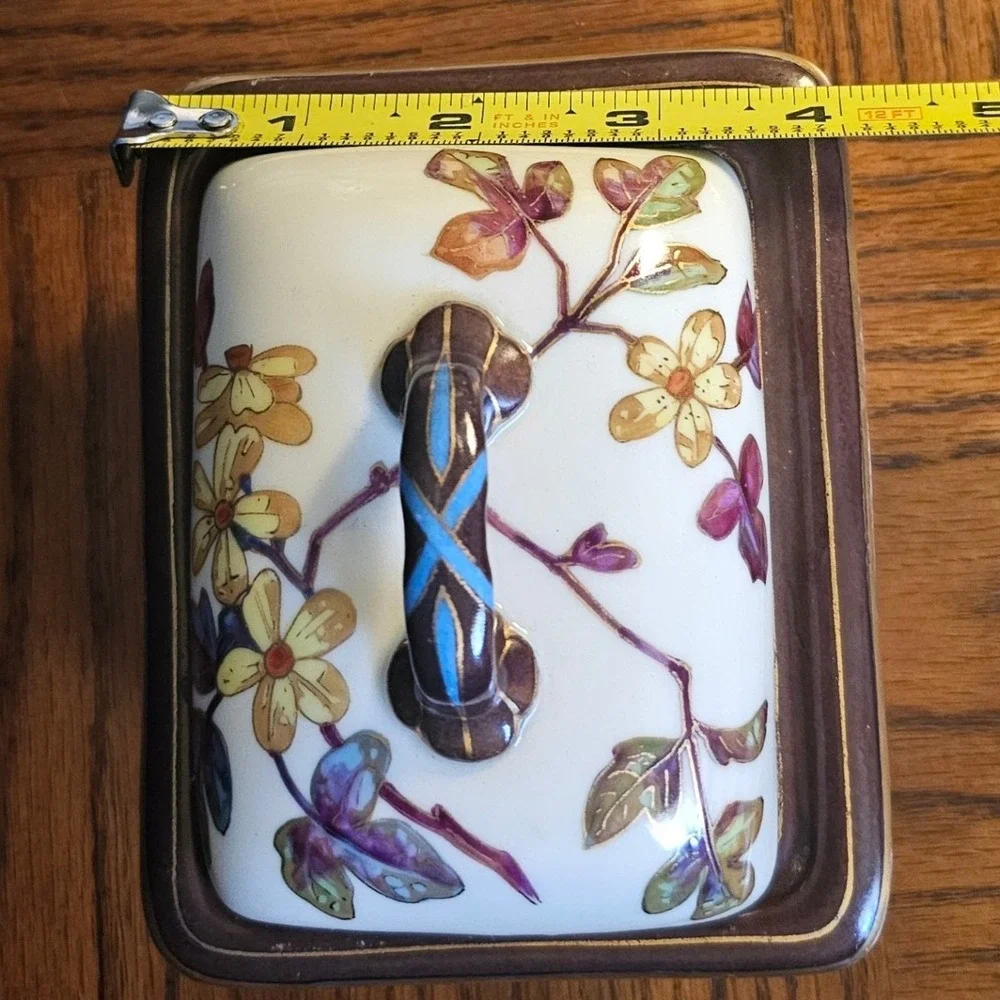 Floral Ceramic Vanity Set Trinket Box and Soap Dish Gold Trim Botanical Decor